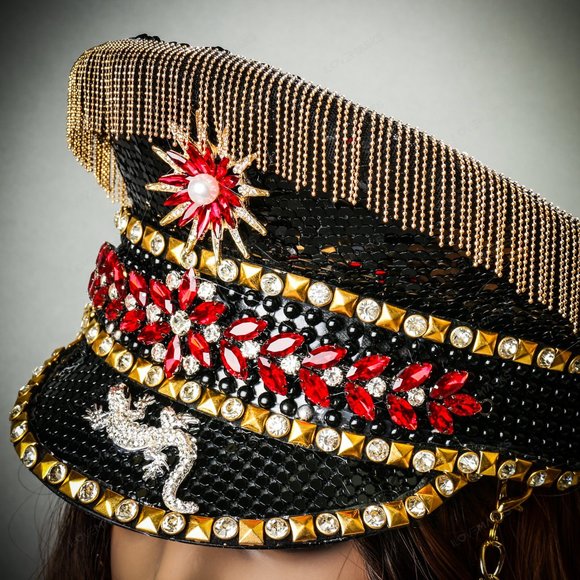 Festival Rave Burning Man Captain Hat Black Gold Military Cap with Gold Chain main image 7